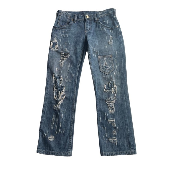 BCBGMAXAZRIA Distressed Boyfriend Jeans Gina Cyan Blue Size 25 oversized 30W - Picture 1 of 8